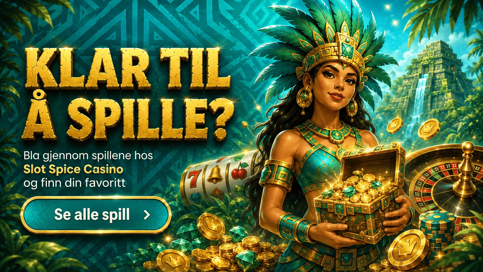 Slot Spice Casino spillbanner med aztekisk kriger-dronning og Se alle spill-knapp